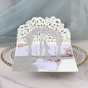 3D Popup Wedding Invitation Card Laser Cut Glitter Rose Couple Silhouette Engagement Romantic Party Invitation With Envelope