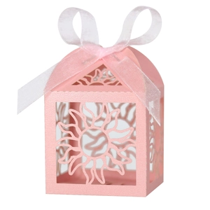 Hollow Laser Cut Sun Pattern Candy Box With Ribbon House Shape Pearlescent Paper Gift Box For Wedding Party Favor Box