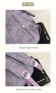 Detail of purple backpack with anti-theft back pocket and adjustable shoulder straps