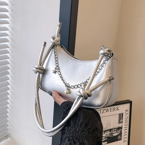 Trendy Glossy PU Crescent Shoulder Bag For Women Street Style Hobo Underarm Bag With Metal Chain Artificial Pearl Star Heart Charms