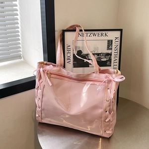 Borsa Ita in Nylon da Donna a Grande Capacità Con Finestra in PVC Trasparente e Decorazione a Fiocco Borsa Tote a Tracolla Casual