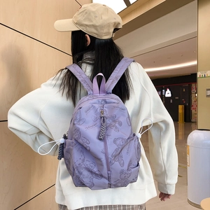 Purple nylon backpack with bear patterns and letters for women outdoor travel