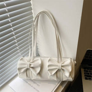 French Niche Design Bowknot Cylinder Shoulder Bag For Women Fashion PU Leather Underarm Bag Elegant Solid Color Crossbody Bag