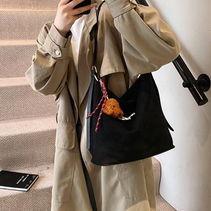 Retro black tote bag with cute teddy charm, spacious minimalist shoulder bag for women