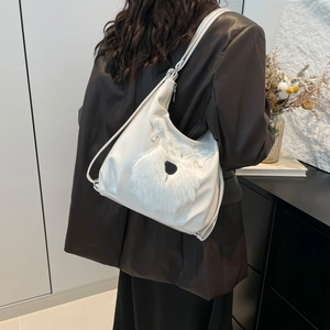 Minimalist white tote bag with plush dog graphic for women's casual daily fashion