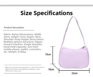 Detailed view of light purple nylon crescent bag with dimensions 23cm by 15cm