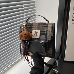 Vintage Plaid Mini Backpack For Women PU Leather Patchwork Woolen Fabric Shoulder Bag With Bear Pendant Student Schoolbag