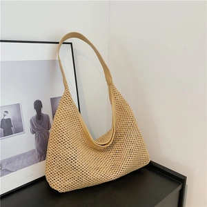 Women's Large Capacity Woven Straw Tote Bag Casual Hollow Out Shoulder Bag Summer Vacation Beach Hobo Bag With Magnetic Snap