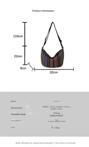 Detailed size specifications and material chart for the ethnic pattern tote bag
