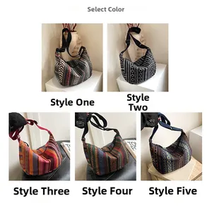 Detailed close-up showing five distinct geometric ethnic patterns for cross-body tote bags