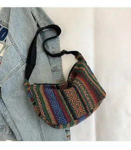 Detailed top view of a colorful ethnic style canvas tote bag with woven geometric patterns
