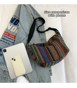 Detail of bohemian woven tote bag showing colorful geometric patterns and large capacity