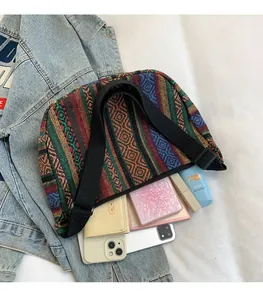 Detail of bohemian woven tote bag with colorful geometric patterns and interior space