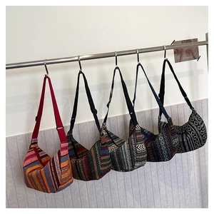 Detail of ethnic geometric woven crossbody hobo bags with adjustable wide shoulder straps
