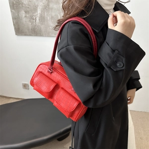 Retro red crocodile embossed underarm bag with double front buckle pockets for women