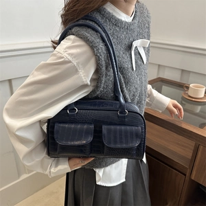 Retro deep blue croc-embossed square handbag with dual pockets and sleek shoulder straps