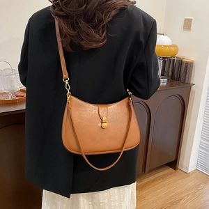 French style brown crescent armpit bag with retro gold buckle and shoulder strap