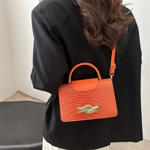 Bright orange crocodile pattern small square handbag with golden wave metal buckle and strap
