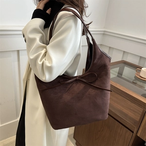 Deep brown matte suede tote bag with leather bow and large capacity for women