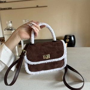 Women Retro Suede Quilted Small Square Bag With Faux Fur Trim Contrast Color Handheld Crossbody Bag For Winter Fashion