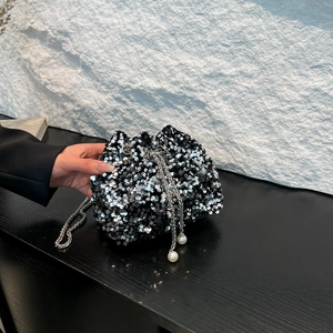 Women Sequin Bucket Bag Drawstring Evening Handbag With Chain Strap Artificial Pearl Decor For Party Banquet Elegant Crossbody Bag