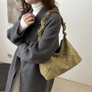 Olive green pleated shoulder bag with fluid marble pattern for women in 2024 fashion