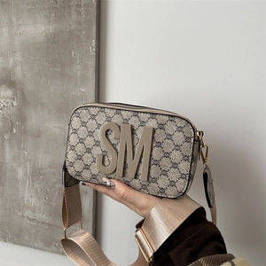 Vintage Monogram Small Square Crossbody Bag With Adjustable Wide Strap SM Letter Decor Fashion Women Daily Camera Bag