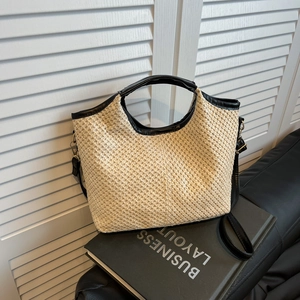 Women Woven Straw Bucket Bag Contrast PU Leather Trim Handbag Summer Beach Vacation Crossbody Shoulder Bag Casual Tote