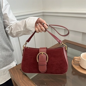 Vintage Women Suede Underarm Bag Fashion Synthetic Leather Shoulder Bag With Large Gold Buckle Retro Minimalist Handbag