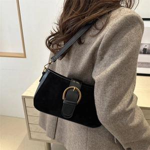 Retro black matte crossbody shoulder bag for women with a vintage golden buckle decoration