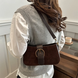 Vintage dark brown frosted leather underarm bag for women with bronze metal buckle