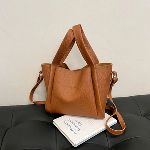 Vintage Litchi Pattern PU Leather Bucket Bag For Women Korean Style Fashion Letter Imprint Shoulder Crossbody Bag Handbag