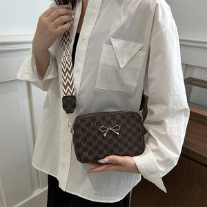 Brown small square crossbody bag with letter print and wide geometric pattern strap