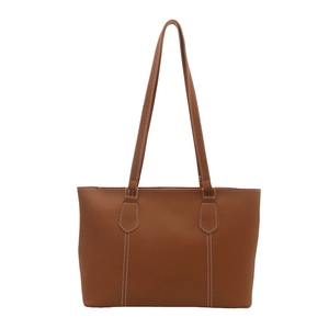 Minimalist deep brown leather tote bag with elegant white vertical stitching and long straps