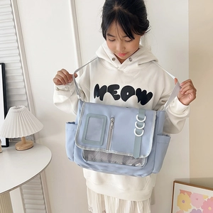 Sacoche bleu clair style anime avec poche transparente et grande capacité de rangement