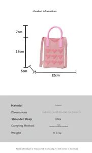 Pink knitted mini crossbody bag with 3D heart pattern, dimensions 12x17x5cm with strap