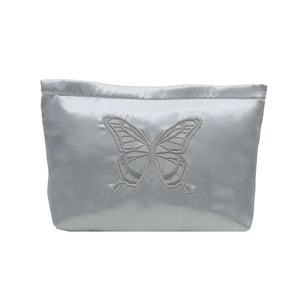 Elegant silver grey satin handbag with detailed 3D butterfly embroidery for women