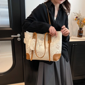 Vintage letter print tote bag with brown leather trim and matching coin purse