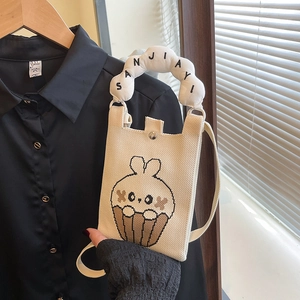 Mini knitted crossbody bag with cute rabbit cupcake pattern and cloud shaped handle