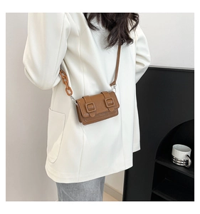 Brown mini crossbody bag featuring a leather flap with square buckle and chain strap