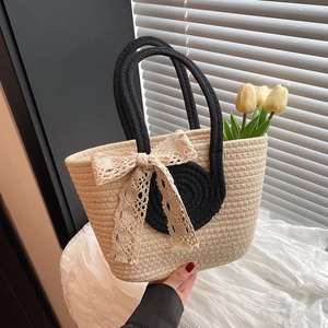 Large Capacity Korean Style Handwoven Straw Tote Bag For Women Casual Summer Beach Shoulder Bag With Lace Bow Decoration