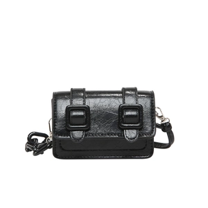Mini black wrinkled leather crossbody bag with chain strap and retro buckle detail