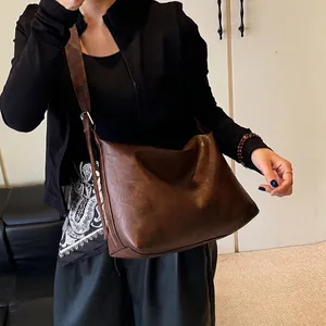 Retro dark brown large capacity faux leather tote bag with adjustable shoulder strap
