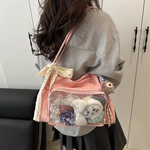 Pink preppy ita bag with clear window display and cute lace bows for anime fans