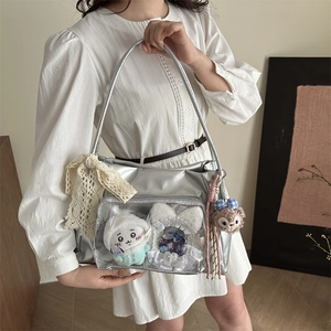 Silver high-capacity messenger bag with clear ita display window and lace bow details