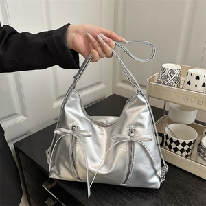 Women Bowknot PU Leather Fashion Backpack Large Capacity Tote Bag Trendy Korean Style Shoulder Bag With Double Zippers