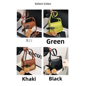 Detailed four-color grid of retro crossbody bags with cherry pom pom charm accessories