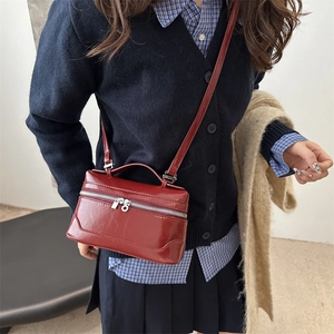 Minimalist wine red leather vanity box bag with silver hardware for women
