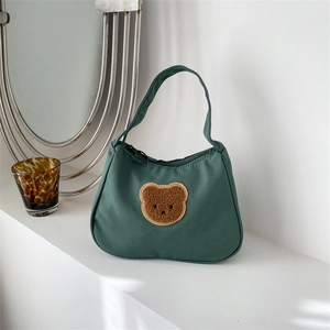 Women Retro Dark Green Oxford Cloth Underarm Bag Fashion Embroidery Cartoon Bear Sunflower Shoulder Bag Casual Handbag Purse