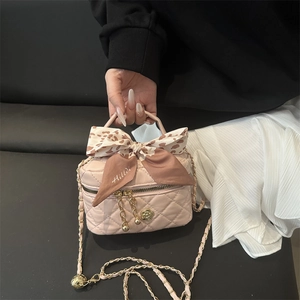 Women Mini Quilted Crossbody Bag Rhombic Pattern Handbag With Scarf Bow Camellia Pendant Chain Small Square Box Bag
